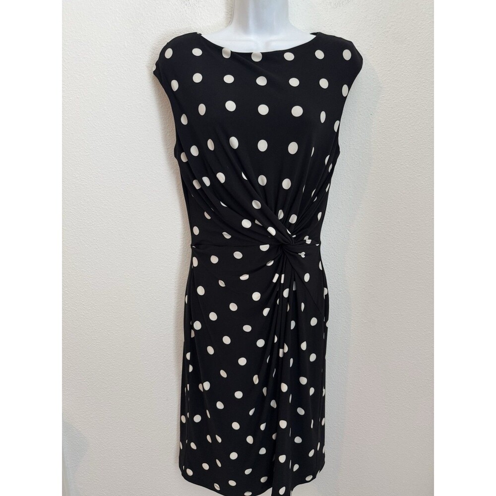 Lauren Ralph Lauren Dress Faux Wrap Ruched Sheath Sz 12 Stretch Polka Dot Knit